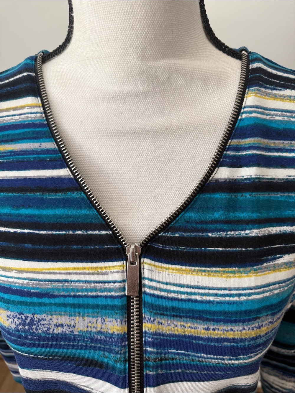 Rafaella Striped Half-Zip V-Neck Top in Teal and Navy Stripe - Picture 2 of 8